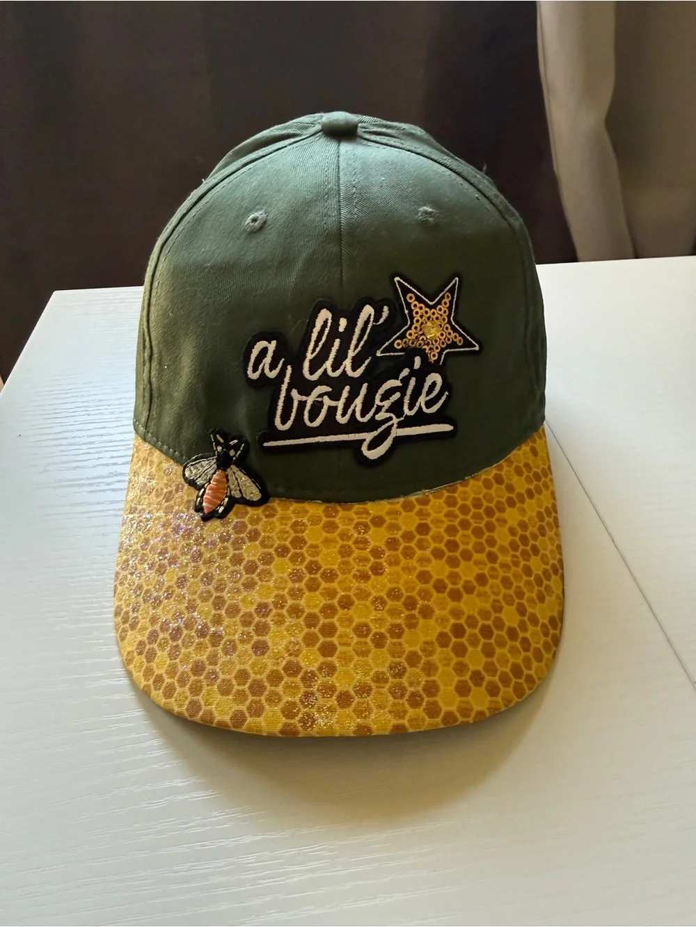 Olive Green Honey Yellow 'a lil bougie' Patch Hat Cap Adjustable Velcro Back OS